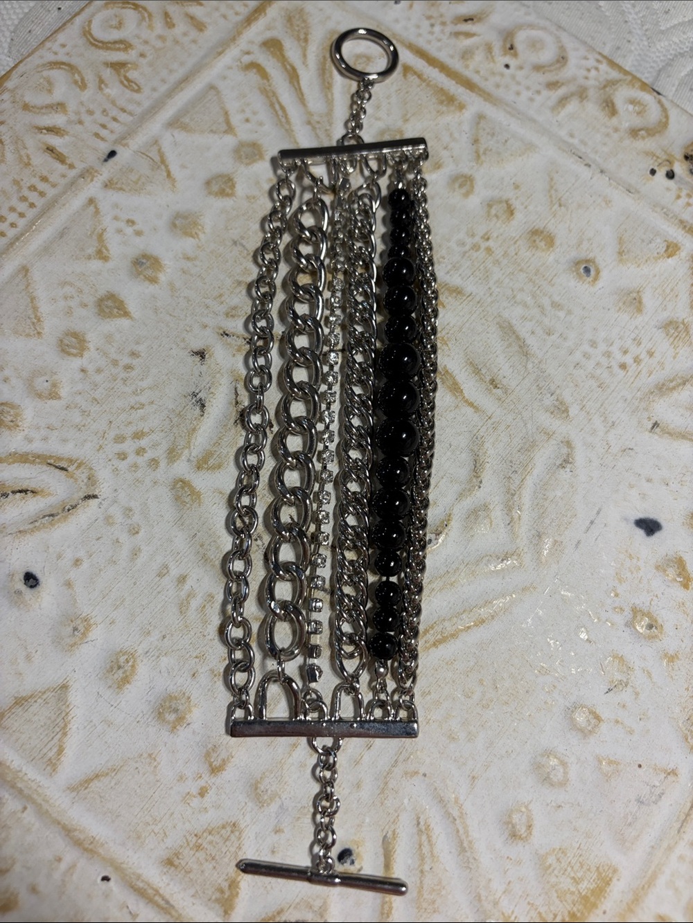 Multi-Chain Silver Bracelet with Black Bead Accent